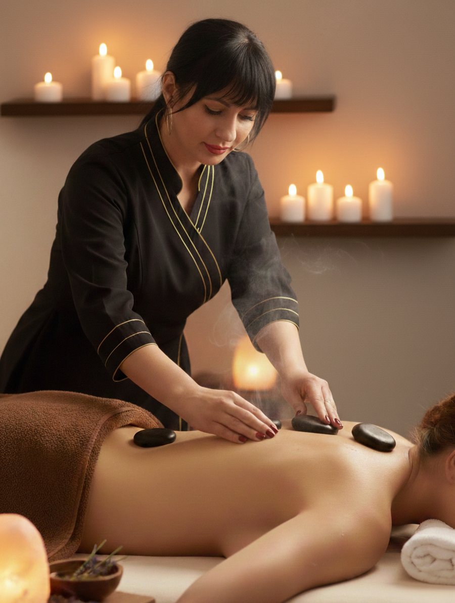 Masaż gorącymi kamieniami La Stone przy świecach w małym spa Camille